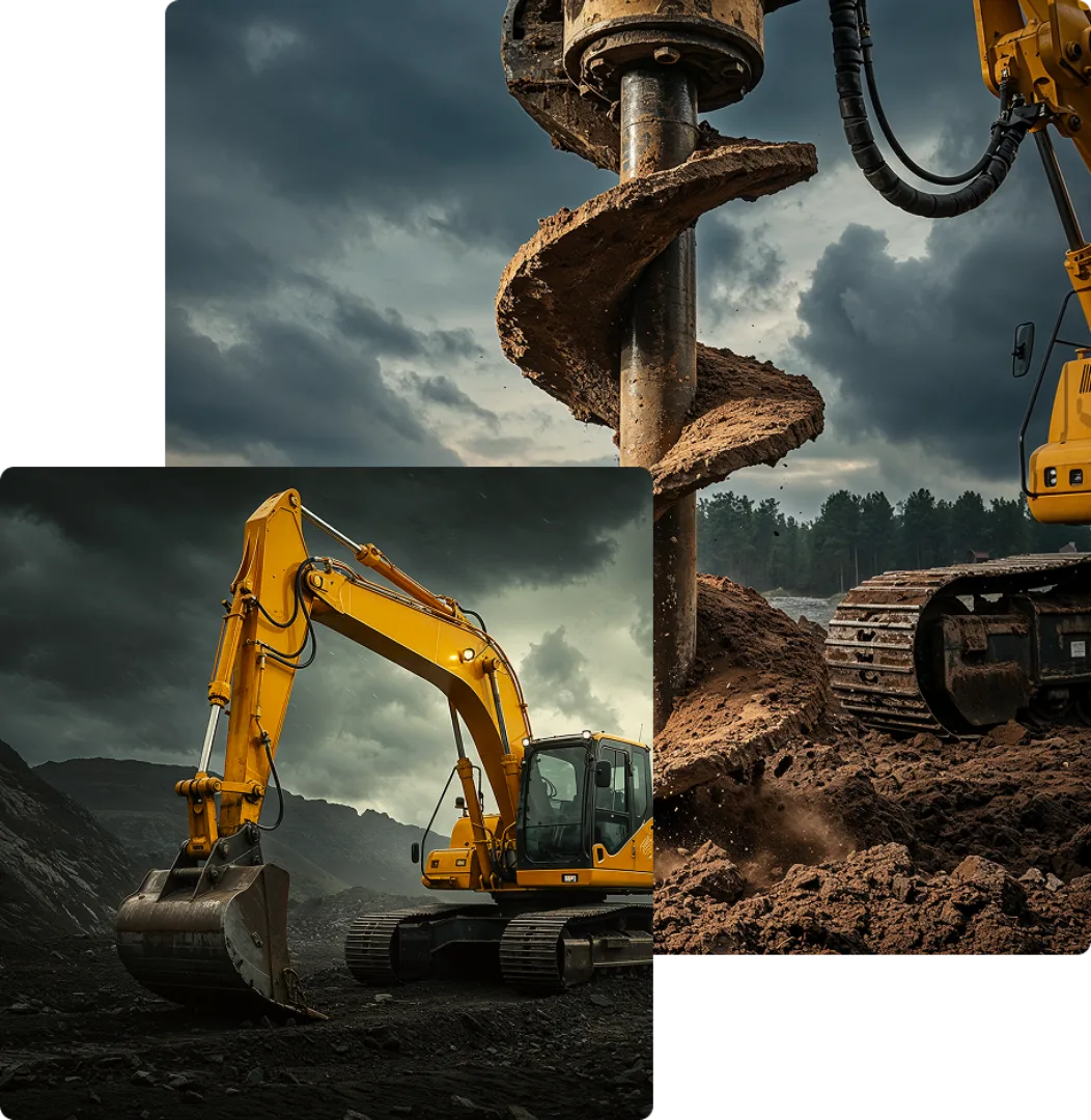 Geltonas ekskavatorius ir CFA grąžtas darbų aikštelėje, pamatų ir polinių gręžinių įrengimas Lietuvoje.